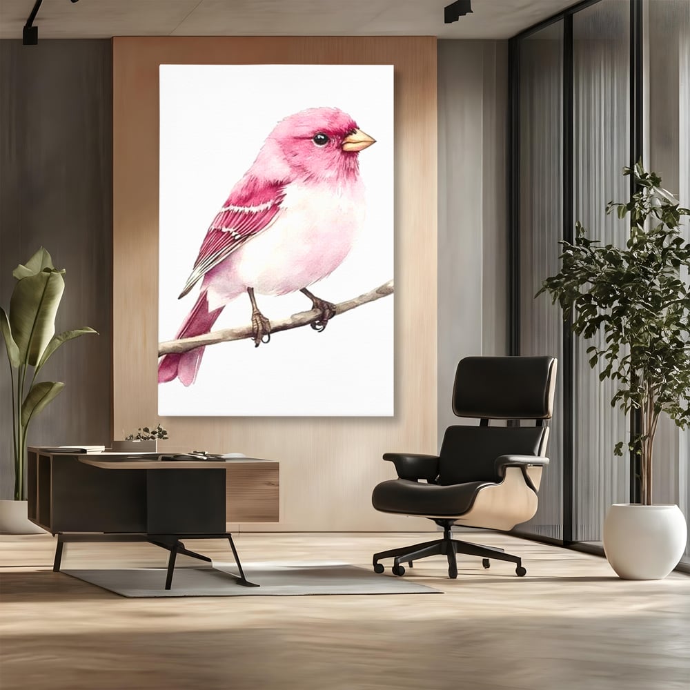 Tablou canvas cu tablou canvas cu pasare roz pe creanga, fara rama, pe sasiu de lemn, pe perete intr-un birou